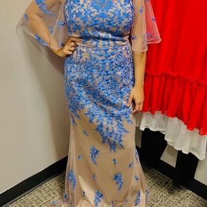 Long light blue & cream flower dress with sleeves.